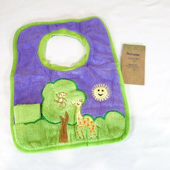 New Norwex Baby Bib Purple Tree Giraffe Monkey Washcloth Microfiber with Baclock - Picture 1 of 9